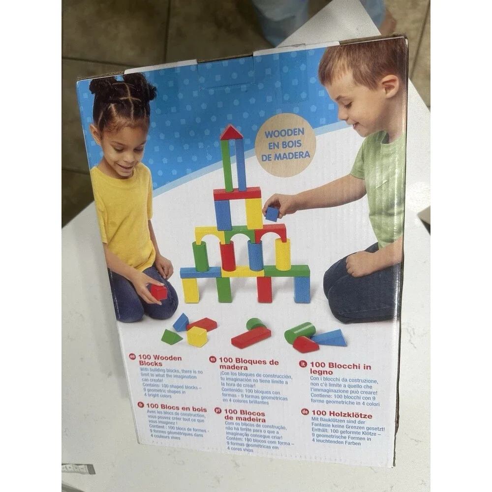 Melissa & Doug 100 Solid Wood Building Blocks Set 9 Shapes Ages 2+ New Sealed